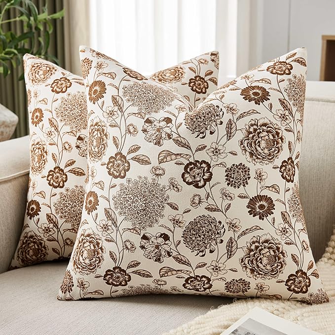 100% Cotton Botanical Throw Pillow Covers Set of 2, 20x20 Inch Brown, Farmhouse Double-Sided Floral Print Decorative Cushion Covers Pillow Cases Boho Home Decor