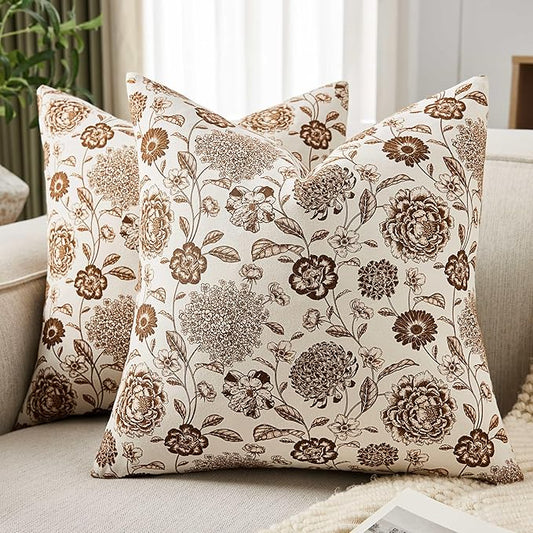 100% Cotton Botanical Throw Pillow Covers Set of 2, 24x24 Inch Brown, Farmhouse Double-Sided Floral Print Decorative Cushion Covers Pillow Cases Boho Home Decor