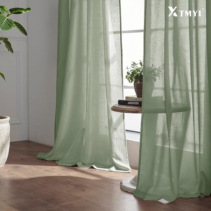 XTMYI Sage Green Linen Cotton Blend Curtains 84 Inches Long, Light Filtering Semi Sheer Cottage Core Boho Curtain Drapes for Summer Bedroom Living Room, Cortinas Verde Salvia
