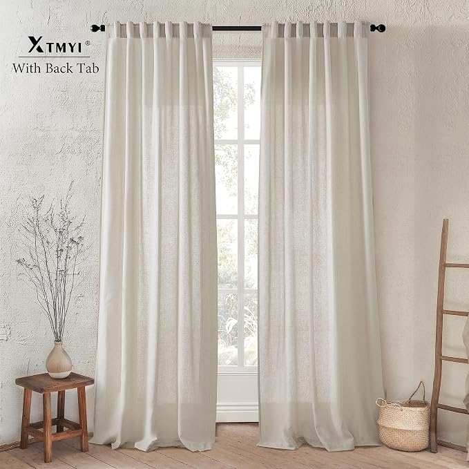XTMYI Oatmeal Beige Back Tab/Hook Belt Linen Cotton Sheer Curtains 120 Inches Long for Living Room Bedroom 2 Panels Set