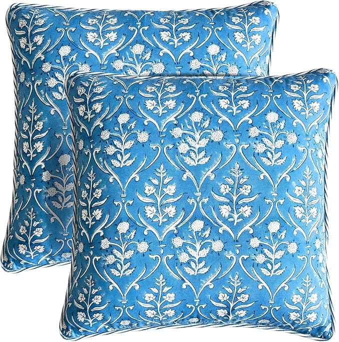ATOSII Block Print Throw Pillow Covers, 18 X 18 - Set of 2, Decorative Couch Pillows for Living Room Bed Sofa, 100% Cotton Canvas Pillow Case for Home Decor & Outdoors, Preppy Throws - Maya Blue