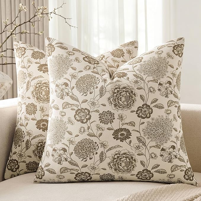 100% Cotton Botanical Throw Pillow Covers Set of 2, 20x20 Inch Latte, Farmhouse Double-Sided Floral Print Decorative Cushion Covers Pillow Cases Boho Home Decor