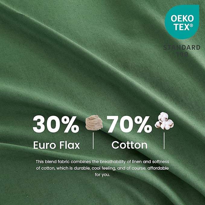 BISELINA French Linen Duvet Cover Set 3pcs with Hidden Zipper Closure Natural Flax Cotton Blend Solid Color Soft Breathable Luxury Farmhouse Bedding - Queen Size, Forest Green
