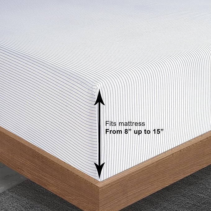 LANE LINEN 100% Organic Cotton Twin Size Fitted Sheet & Pillowcase (No Flat Sheet) - Soft & Breathable Percale Weave Fitted Sheet Set - 15'' Deep Pocket For Snug Fit - GOTS Certified - Ticking Stripe