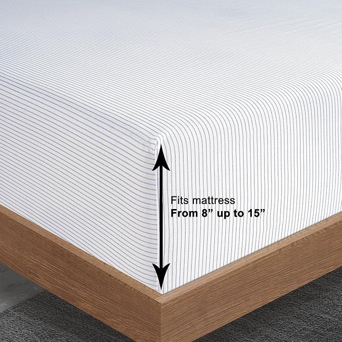 LANE LINEN Twin XL Fitted Sheet, 100% Organic Cotton 2-Piece Set (1 Fitted Sheet, 1 Pillowcase), Percale Weave, Bottom Sheet, Breathable, Fits Mattress Upto 15" Deep - Ticking Stripe (No Flat Sheet)