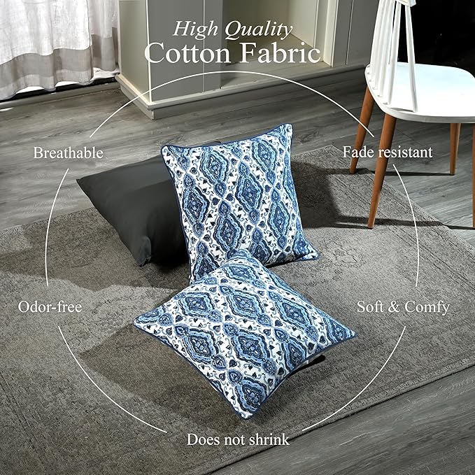 CPC Sea Blue Block Print Throw Cushion Cover 18 x 18 Inch Set 2 - Decorative Boho Floral Pillow Case for Living Room, Bed, Sofa, Couch, Home Decor Cushion Cover Gift for Spring, Mother's Day