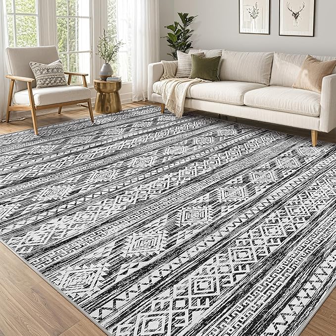 Tortania Area Rug Living Room Rugs - 8x12 Washable Large Soft Neutral Boho Moroccan Bohemian Farmhouse Rug Indoor Floor Carpet for Bedroom Under Dining Table Home Office Decor - Black White