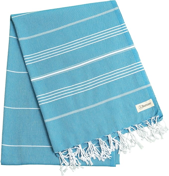 Bersuse Towels Anatolia XL Beach Blanket Throw Blanket Turkish Towel 100% Cotton Extra-Large Quick-Dry Lightweight Premium Peshtemal Towel - 61x82 Inches, Sea Blue