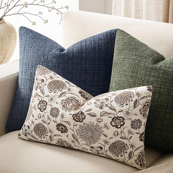 100% Cotton Botanical Throw Pillow Covers Set of 2, 12x20 Inch Chocolate, Farmhouse Double-Sided Floral Print Decorative Cushion Covers Pillow Cases Boho Home Decor