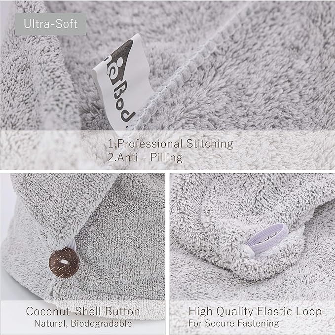 myHomeBody Hair Towel Wrap, Quick Drying Turban, Absorbent Cap – Gray | Hair Turban Towel for wet hair, Ultra Soft Charcoal Fiber Cap, Towel Head Wrap for bathing with Coconut Shell Button