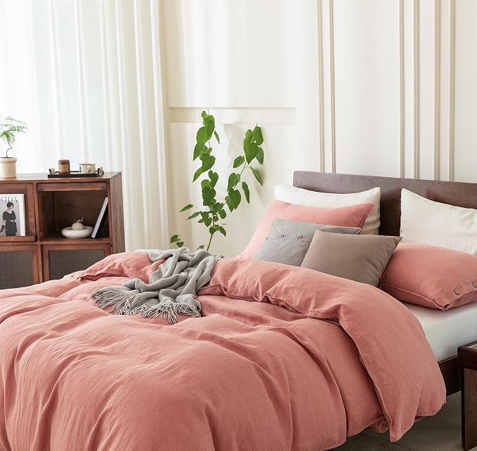 EVERLY 100% Pure Linen Duvet Cover Set Twin Size 68X90Inch 3pcs (1 Duvet Cover,1Pillowcases) Soft and Breathable for All Season with Coconut Button Closure, Suitable for Hot Sleepers-Twin-Pink