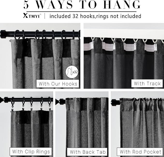 XTMYI Black Curtains 108 Inches Long for Sliding Glass Door 2 Panels Set Linen Hooks Ceiling Track Pleat Semi Sheer Backdrop Curtains 9 Ft Length