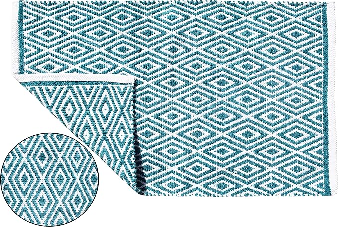 Ramanta Home 100% Cotton Diamond Handwoven Reversible Rug 21x34 Inch– Teal| Soft Washable Area Rug for Bathroom, Kitchen, Bedroom, Entryway | Durable Lightweight Handmade Accent Floor Mat | Boho Décor