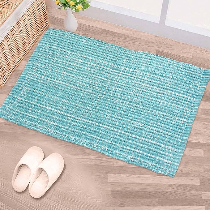 Chardin home Cotton Washable Rug Turquoise and White | 21x34 Bathroom Kitchen entryway | Reversible Handwoven Rug Machine Washable.