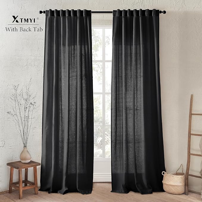 XTMYI Black 90 Inch Length 50 Inch Wide Back Tab/Hook Belt Linen Cotton Sheer Curtains for Bedroom 2 Panels