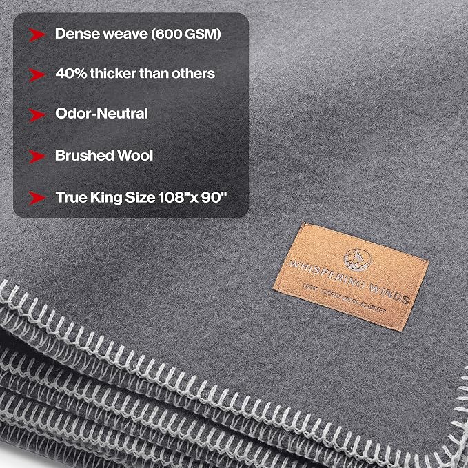Whispering Winds 100% Wool Blanket, Premium King Size (108"x90") | Soft, Warm, Thick, Comfortable, For Bed, Couch, Home, Car, Camping, Outdoors, Survival