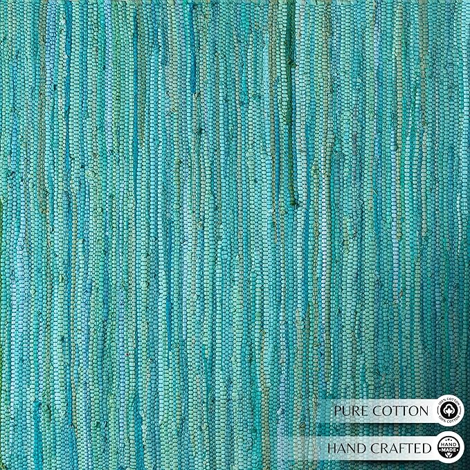 Cotton Hand Woven Chindi Rug 3x5 Feet - Teal, Reversible Large Durable Handmade Rag Dhurrie Ideal for Hallway, Kitchen, Living Room | Green Farmhouse Decorative Rectangular Floor Mat for Balcony