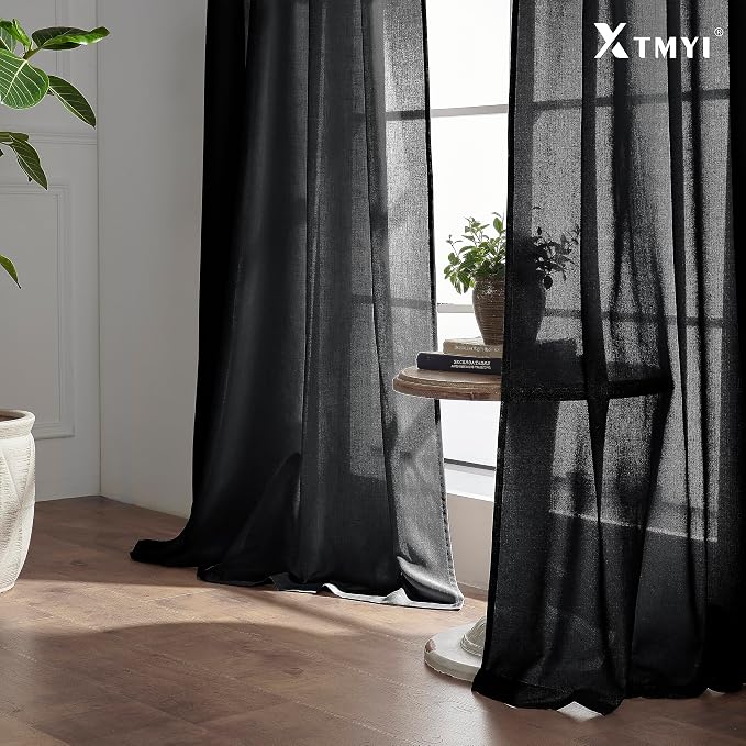 XTMYI Black Curtains 108 Inches Long for Sliding Glass Door 2 Panels Set Linen Hooks Ceiling Track Pleat Semi Sheer Backdrop Curtains 9 Ft Length