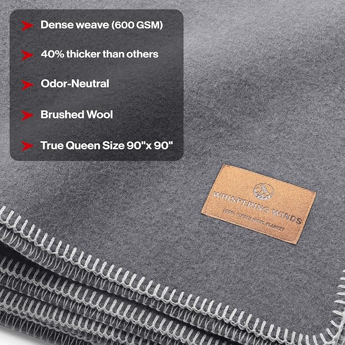 Whispering Winds 100% Wool Blanket, Premium Queen Size (90"x90") | Soft, Warm, Thick, Comfortable, For Bed, Couch, Home, Car, Camping, Outdoors, Survival