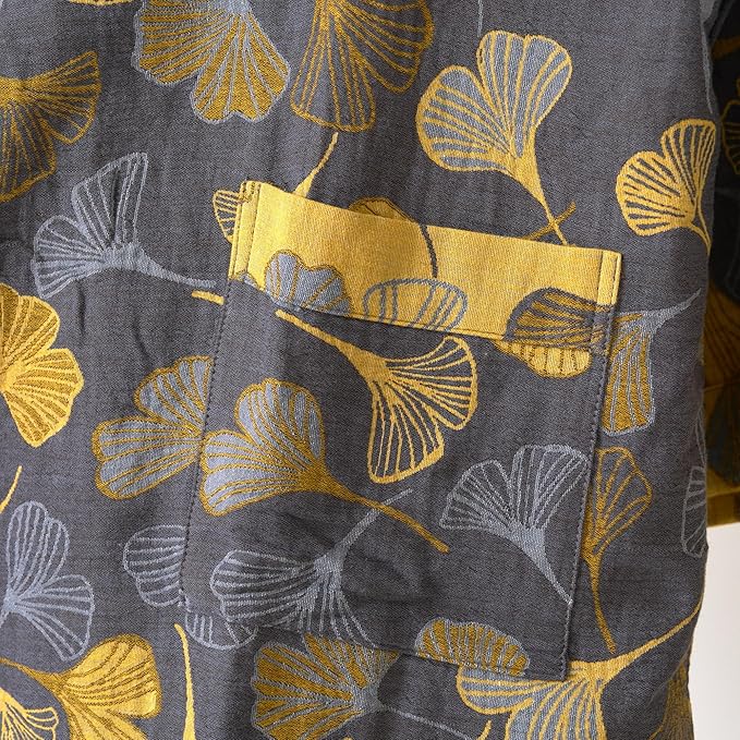100% Cotton Gauze Ginkgo Leaf Kimono Robe, Long Knit Loose Bathrobe Nightgown Ladies Loungewear Sleepwear for Women