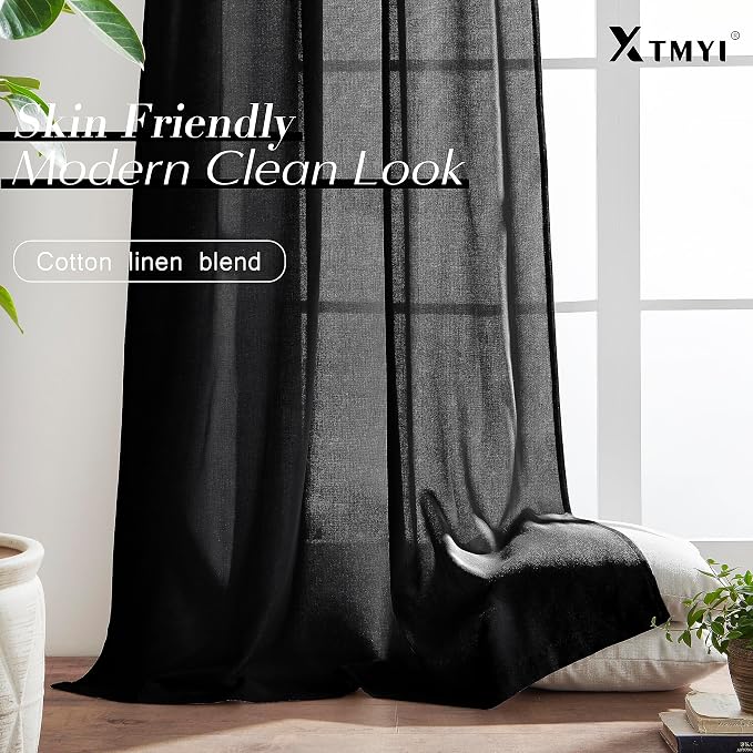 XTMYI Black 90 Inch Length 50 Inch Wide Back Tab/Hook Belt Linen Cotton Sheer Curtains for Bedroom 2 Panels