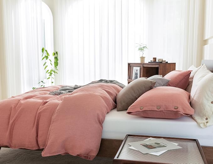 EVERLY 100% Pure Linen Duvet Cover Set Queen Size90X90Inch 3pcs (1 Duvet Cover,2 Pillowcases) Soft and Breathable for All Season with Coconut Button Closure, Suitable for Hot Sleepers-Pink-Queen
