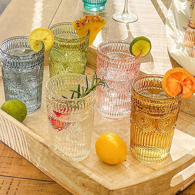 Kate Aspen Vintage Ribbed Green Drinking Glasses Set of 6-13 oz Colored Embossed Glass Cups for Water, Iced Tea, Cocktails - Perfect Holiday Drinkware, Christmas Entertaining & Gift Set