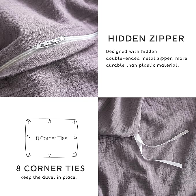 SE SOFTEXLY Muslin Duvet Cover Queen Size, 100% Washed Cotton Duvet Cover Set, Ultra Soft Comforter Cover Linen Like, 3 Pieces Minimalist Gauze Duvet Cover with 2 Pillowcases, 90"x90", Purple Grey