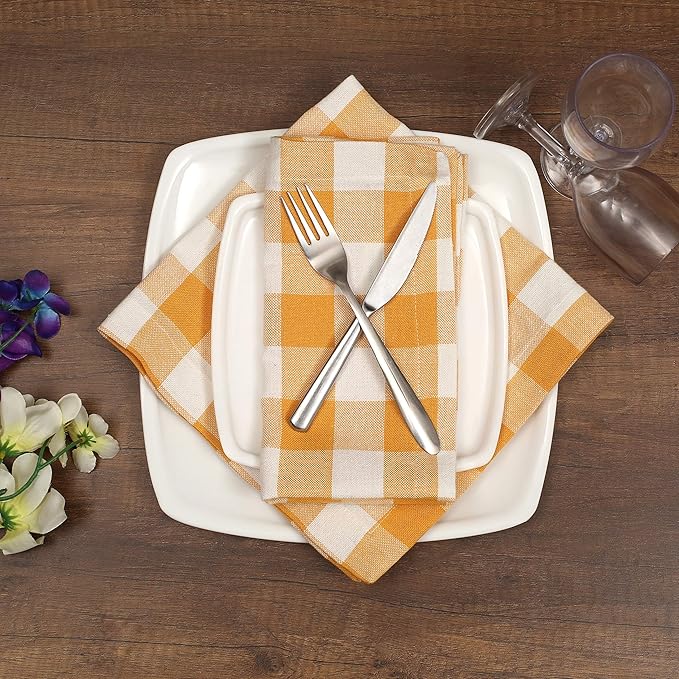 Check Cloth Dinner Napkins 18x18 Gingham Buffalo Set of 12, 100% Cotton Dinner Cocktail Napkins, Wedding Napkins with Mitered Corners and Generous Hem - Mustard White -Life By Cotton