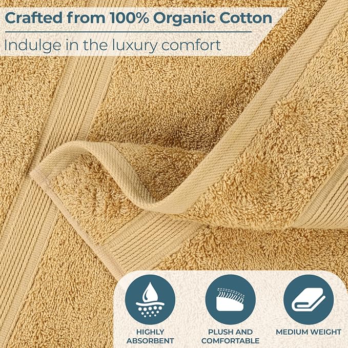 Superior 100% Organic Cotton Face Towel/Washcloth Set of 12, Daily Use for Bathroom, Guest Bath, Quick Dry Small Towels, Face, Hand, Gym, Spa, Hotel, Absorbent, Essentials, Oregon Collection, Gold