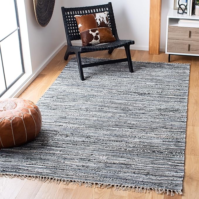 SAFAVIEH Rag Rug Collection Area Rug - 6' Square, Grey, Handmade Boho Stripe Cotton, Ideal for High Traffic Areas in Living Room, Bedroom (RAR128A)