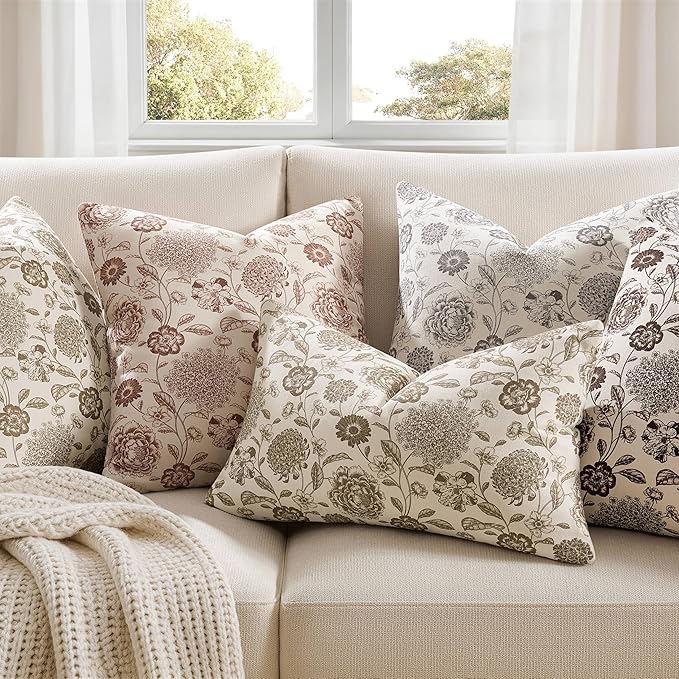 100% Cotton Botanical Throw Pillow Covers Set of 2, 18x18 Inch Chocolate, Farmhouse Double-Sided Floral Print Decorative Cushion Covers Pillow Cases Boho Home Decor