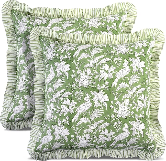 CPC Olive Green 100% Cotton Block Print Ruffle Pillow Cover 16X16 inch, Handmade Boho Floral Pillowcase, Farmhouse Cottagecore Bedding, Soft Decorative Cushion Cover for Bedroom Décor