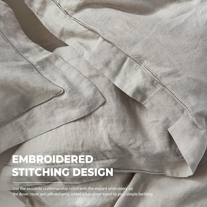 Simple&Opulence 100% Washed Linen Duvet Cover with Embroidered,3 Pieces Soft Farmhouse Comforter Set with Button Closure,1 Duvet Cover and 2 Pillowshams(King,Light Grey)
