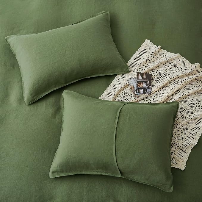 ATLINIA 100% Flax Linen Duvet Cover Set - Stone Washed Pure French Linen Organic Fabric for Farmhouse Comforter Boho Bedding Included 1 Duvet Cover 2 Pillow Shams(Green, California King)