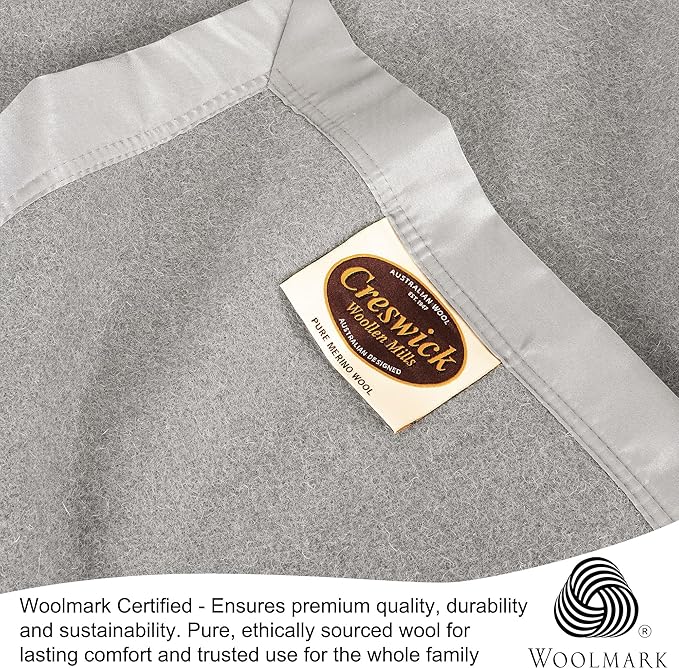 Creswick Woollen Mills 100% Australian Merino Wool Blanket – Soft Warm and Natural with Satin Binding, Breathable Luxury Bedding for All Seasons, (Light Gray, Twin Size)