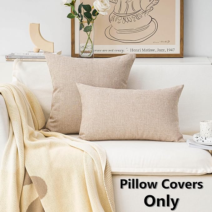 Home Brilliant Set of 2 Burlap Solid Linen European Throw Pillow Shams Cushion Covers for Bed Beige Decorations, 24x24 inches 60cm, Light Linen