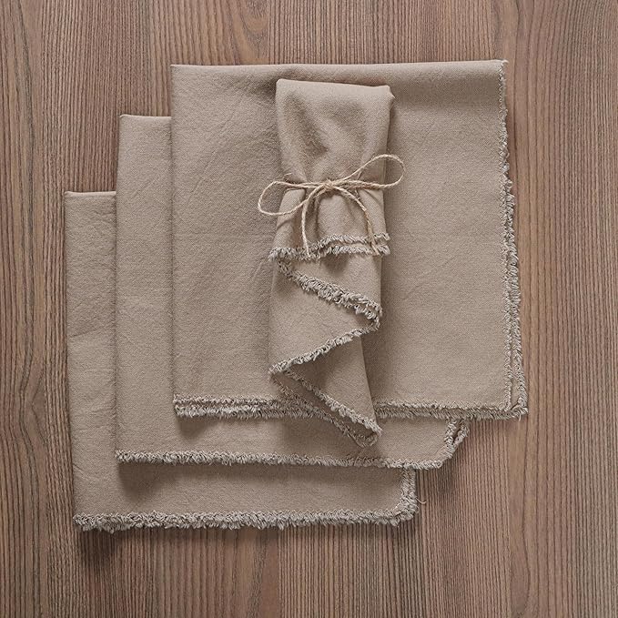 Ramanta Home Cloth Napkins Set of 4 Desert Beige 18x18 Inch - Spring Soft & Durable Frayed Dinner Napkin for Easter Wedding, Birthday | Heavy Weight Fabric Table Linen for Everyday Use Family Dinners