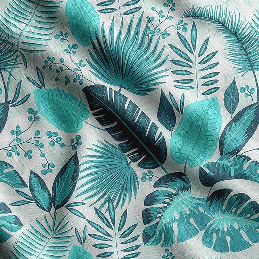 Soimoi Heavyweight Cotton Poplin Fabric Material, Blue - Leaves Printed - 42" Inch Width, Natural Cotton Material for Quilt Making, Dresses, Skirts, Pajamas, Pillowcases, Tablecloths, Kurtis, 1 Yard