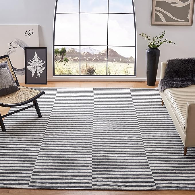 SAFAVIEH Montauk Collection Area Rug - 6' Square, Ivory & Grey, Handmade Stripe Cotton, Ideal for High Traffic Areas in Living Room, Bedroom (MTK715A)