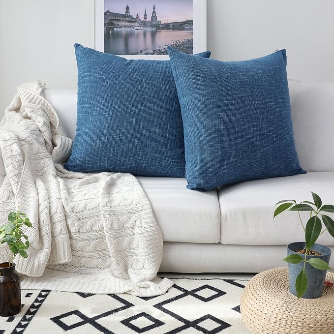 Kevin Textile Pack of 2 Decorative 2 Tone Linen Pillow Covers Cushion Cover for Chair/Sofa/Bed/Car, 24 x 24 Inches, Navy Blue