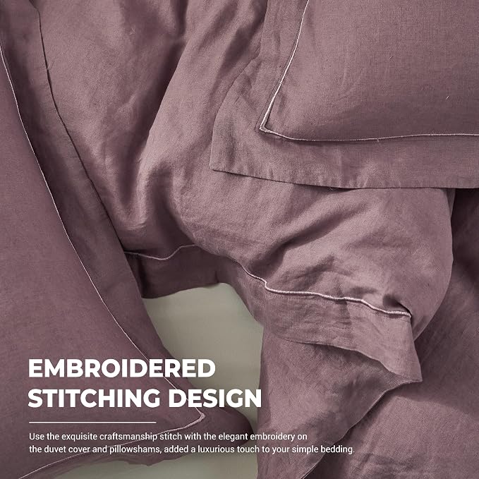 Simple&Opulence 100% Washed Linen Duvet Cover with Embroidered, 3 Pieces Soft Farmhouse Comforter Set with Button Closure,1 Duvet Cover and 2 Pillowshams(Queen,Purple)