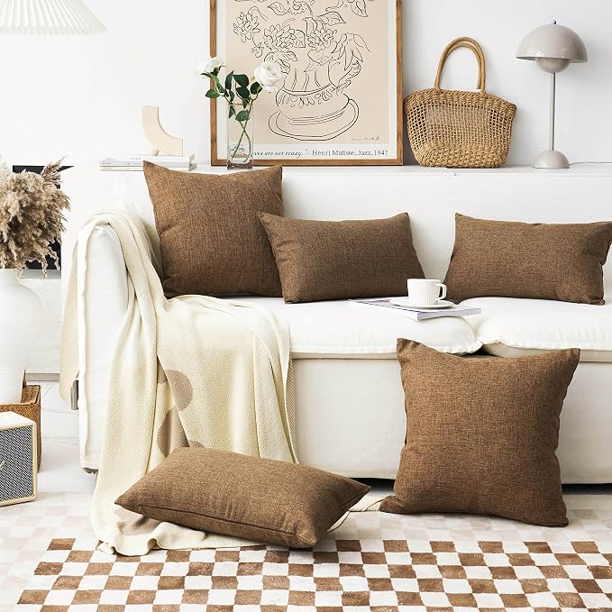 Home Brilliant Set of 2 Euro Shams 24x24 Throw Pillow Covers Decoration Solid Linen Euro Pillowcases Large Cushion Covers for Living Room, 24x24 inch, Brown