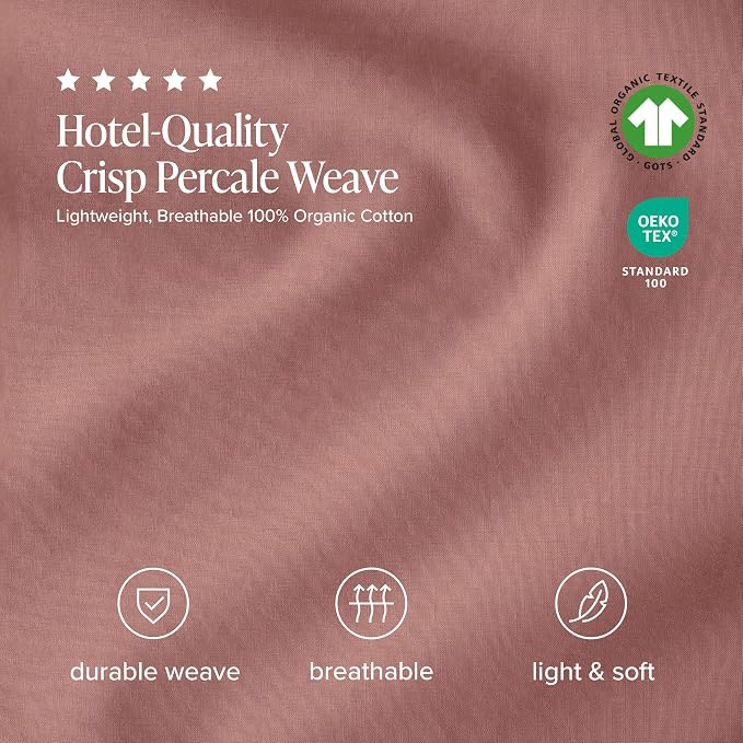 Bare Home 100% Organic Cotton Twin XL Sheet Set - Crisp Percale Weave - Lightweight & Breathable - Bedding Sheets & Pillowcases (Twin XL, Dusty Rose)
