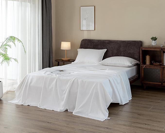 EVERLY Linen Sheets Set Twin Size,100% French Pure Linen Sheets Set,3Pieces (1Flat Sheet,1Fitted Sheet,1Pillowcase) Suitable for Hot Sleepers, Stonewash Deep Pocket Natural Bedding Set-White-Twin