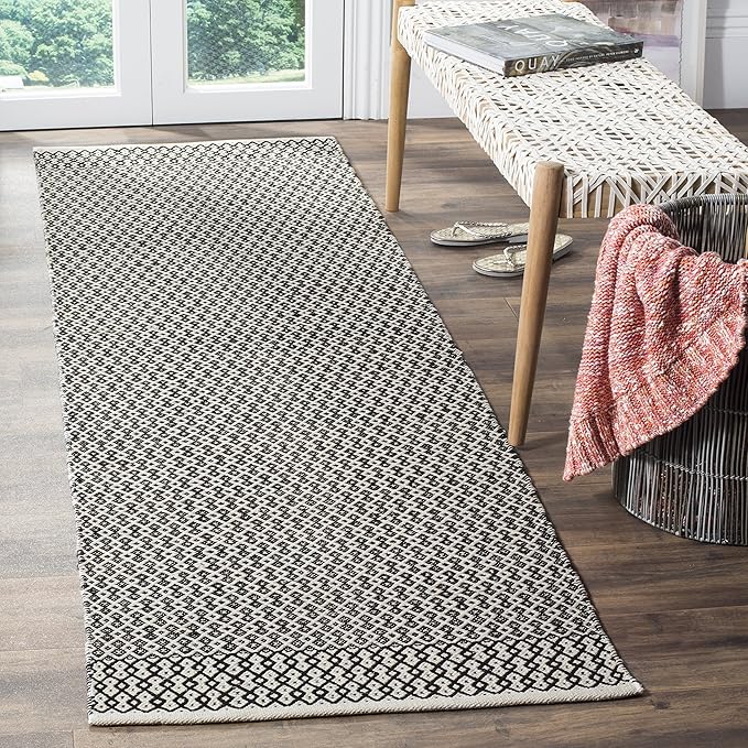 SAFAVIEH Montauk Collection Runner Rug - 2'3" x 22', Ivory & Black, Handmade Flat Weave Boho Farmhouse Cotton, Ideal for High Traffic Areas in Living Room, Bedroom (MTK339D)