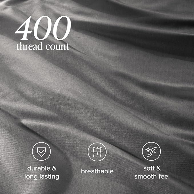 Bare Home 100% Organic Cotton Sateen Duvet Cover Set - Full/Queen Size - 400 Thread Count - Smooth Sateen Weave - Warm & Luxurious - Duvet Cover (Queen, Grey)