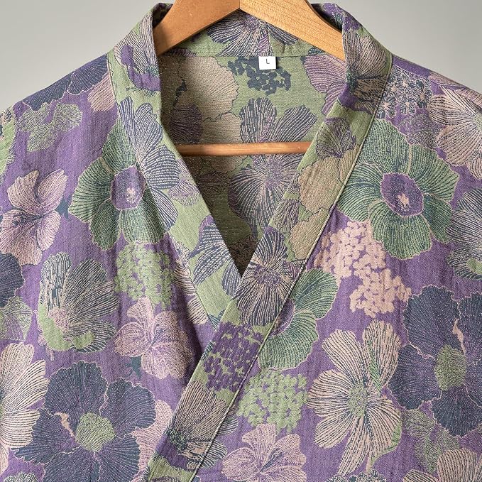 100% Cotton Gauze Ginkgo Leaf Kimono Robe, Long Knit Loose Bathrobe Nightgown Ladies Loungewear Sleepwear for Women