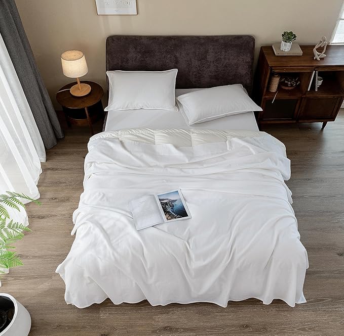 EVERLY Linen Sheets Set Full Size,100% French Stonewash Pure Linen Bed Sheets,4Pieces (1Flat Sheet,1Fitted Sheet,2Pillowcase) Suitable for Hot Sleepers,Deep Pocket Natural Bedding Set-White