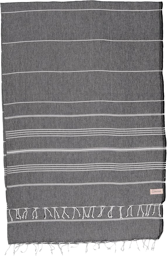 Bersuse Towels Anatolia XL Beach Blanket Throw Blanket Turkish Towel 100% Cotton Extra-Large Quick-Dry Lightweight Premium Peshtemal Towel - 61x82 Inches, Black